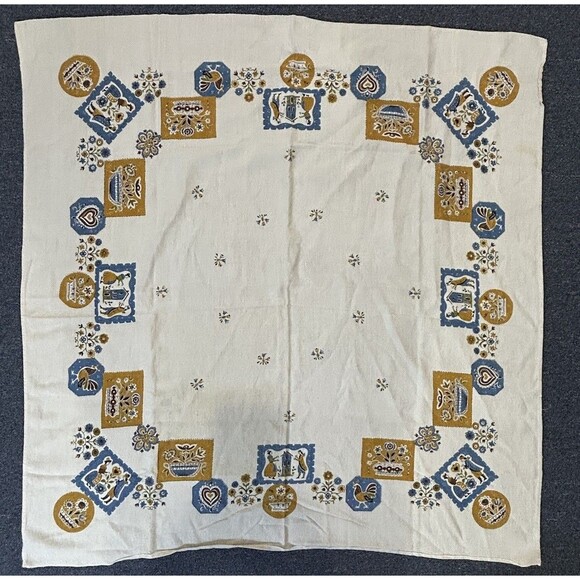 Vintage 47” Square Linen Tablecloth Blue Yellow Floral PA Dutch Style Stained - Picture 7 of 7